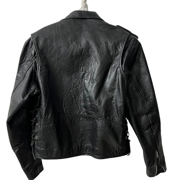 Mens Black Full Grain Leather Motorcycle Jacket Lace Up Sides Belt Size L - Picture 2 of 8